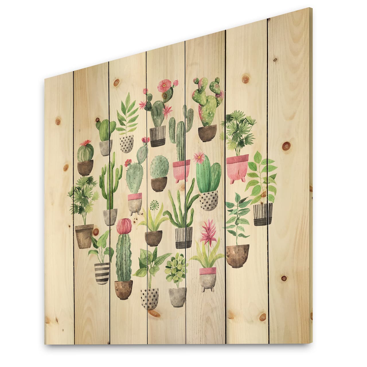 Designart - Cacti In Ceramic Pots In Gentle Tones II - Botanical Print on Natural Pine Wood